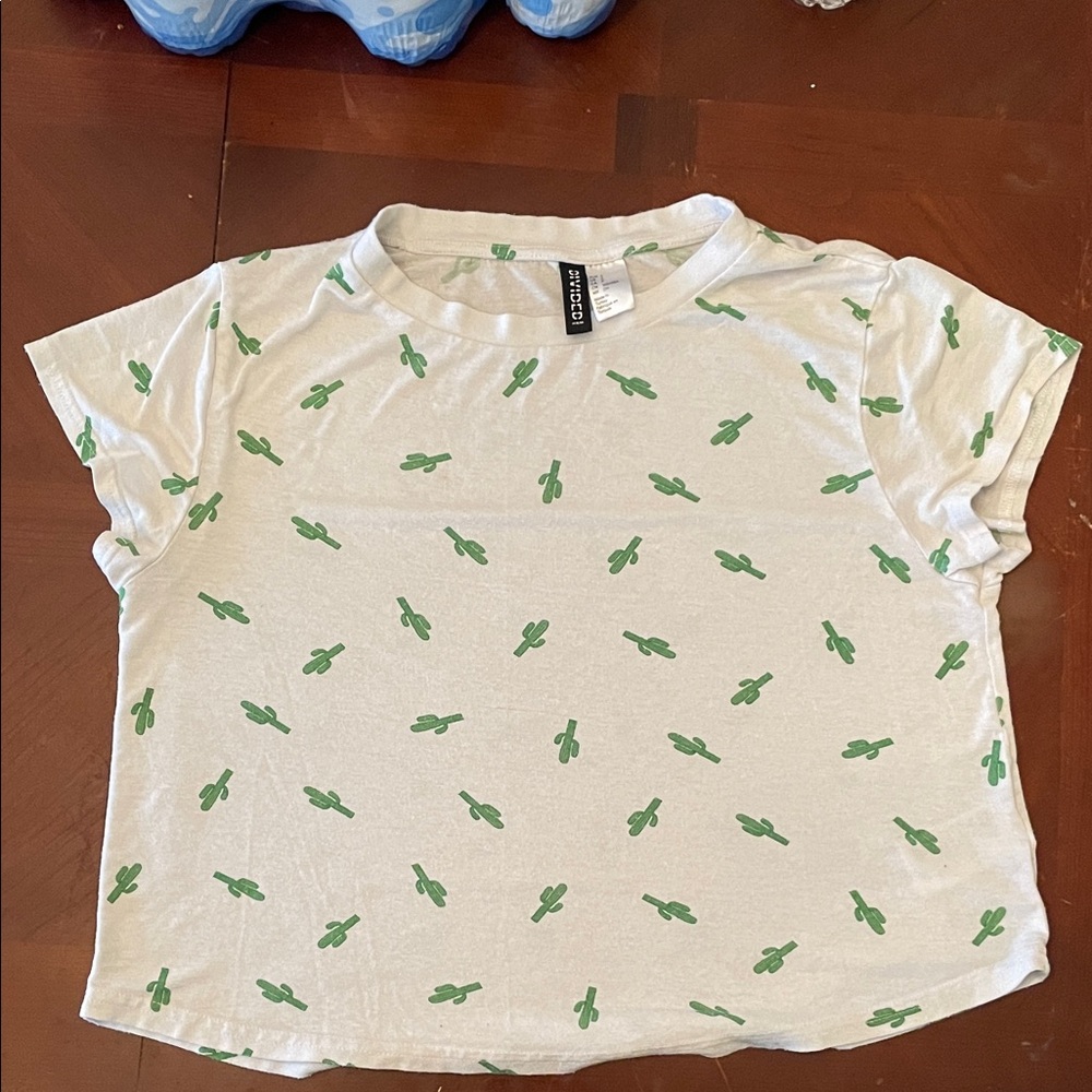 3/$30 Divided White Crop Top with Green Cactus Print